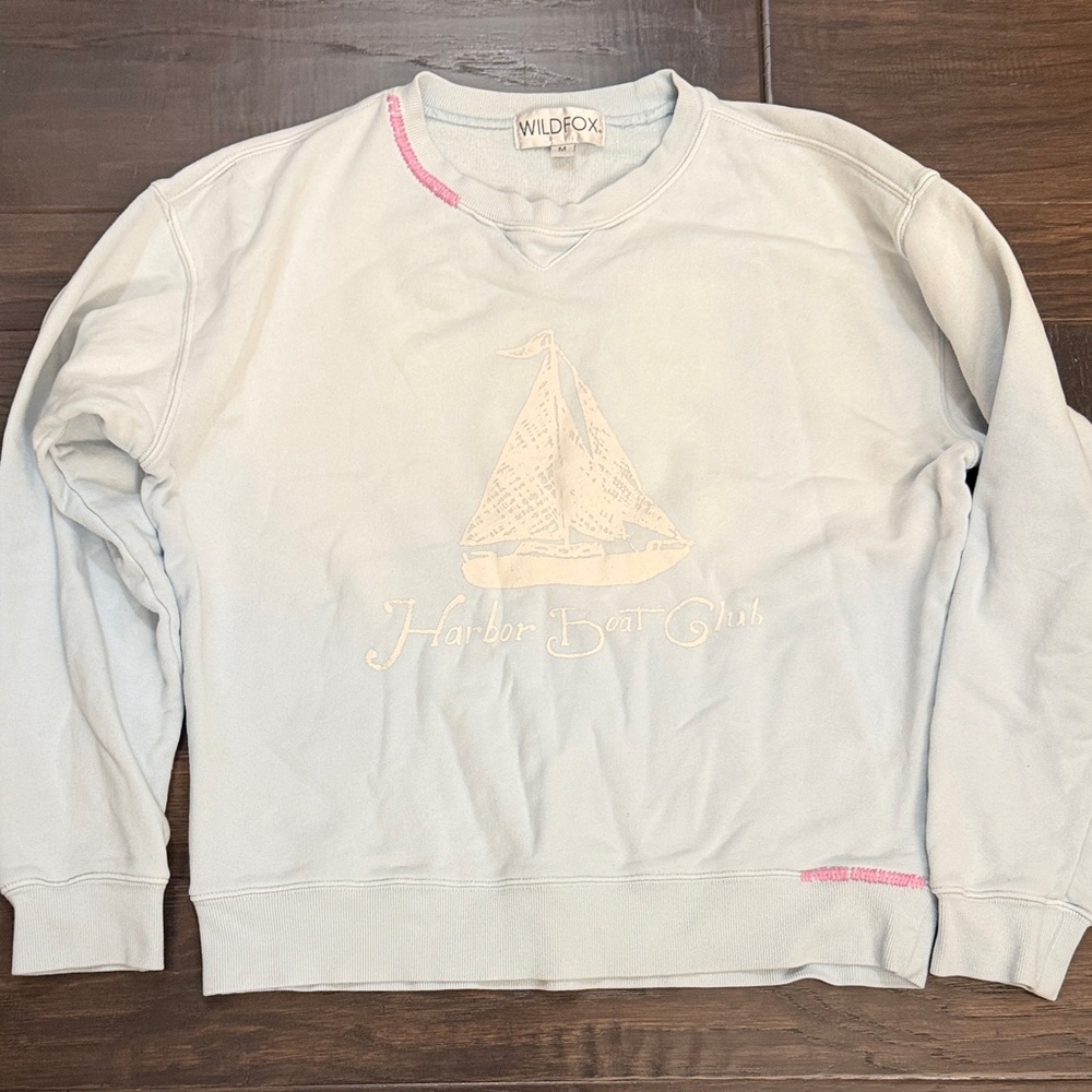 Wildfox Pale Blue Harbor Boat Club Pullover with Pink Stitch Accents